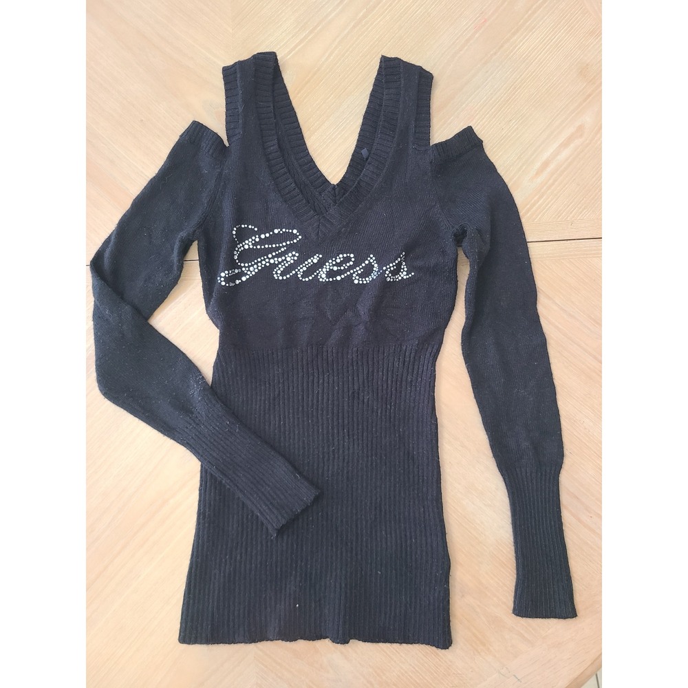 Guess Sweater Women Small Black Good Cold Shoulder Rhinestone Logo Y2K Ribbed